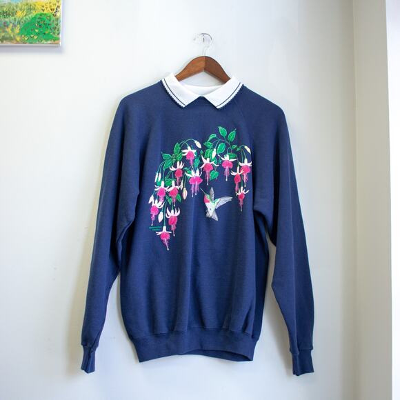 Hummingbird Print Collared Sweatshirt Size XL - Picture 1 of 7